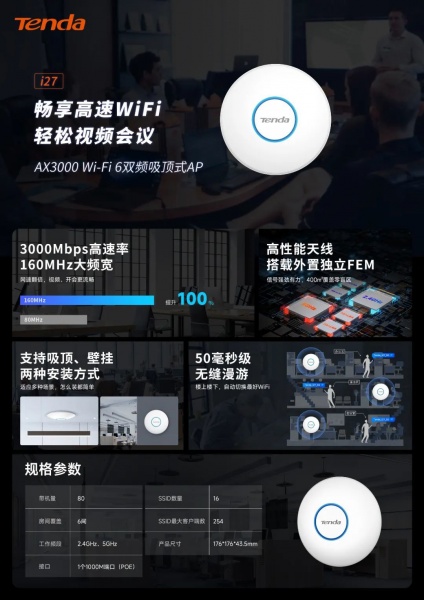 腾达Wi-Fi 6 吸顶式 AP i27参数一览